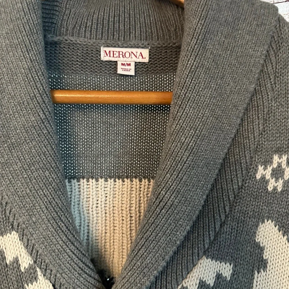 Merona Fair Isle cardigan sweater men's Size‎ M gray blue shawl collar